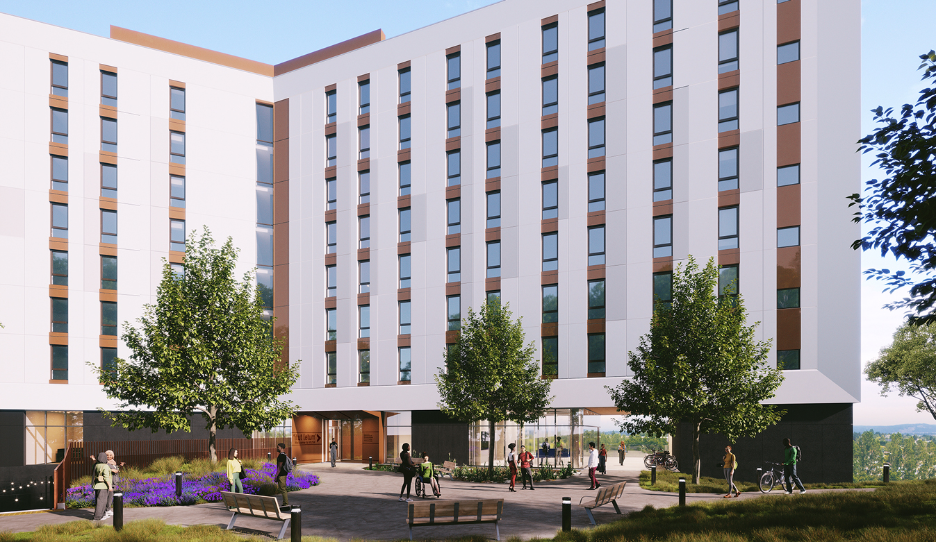 North view of the 10-storey tower, clad in white with brown accents, highlighting the residence entry and outdoor plaza, with students milling about. Glazing on the main level provides transparency through to the ocean context behind the building.