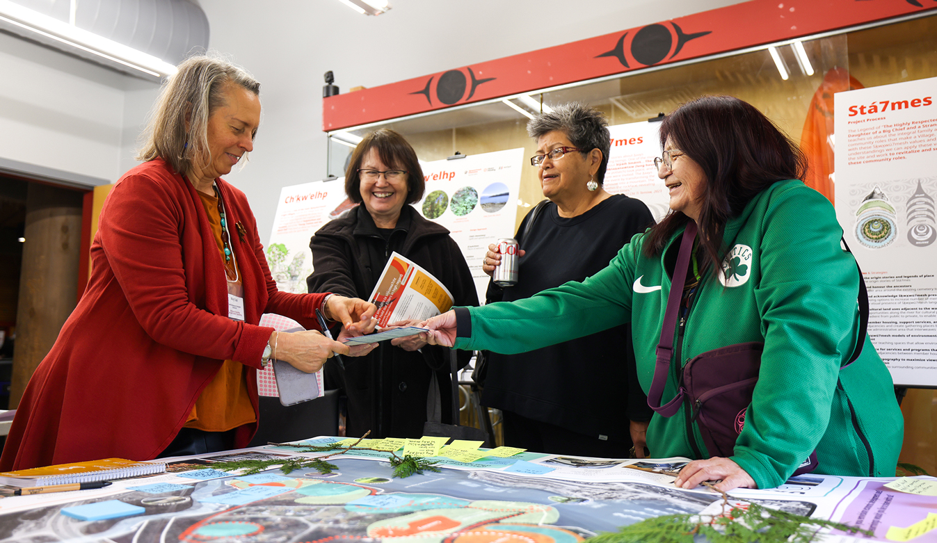 Three Sḵwx̱wú7mesh community members meet with Mary Tasi of Sky Spirit Studio at the 2023 Nch'ḵay̓ Annual General Meeting to discuss planning concepts for the Sḵwx̱wú7mesh lands of Ch’ḵw’elhp (Sunshine Coast) and Stá7mes (Squamish Valley). On the table between them is a large map diagram of Stá7mes. Cedar boughs lie on top of the map.