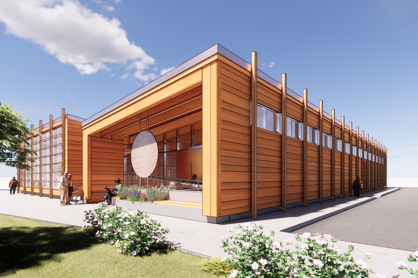 Another rendered view of the front of the Elders Centre, featuring a ramp to the entry, and an outdoor bench integrated with a location to feature Sḵwx̱wú7mesh art.