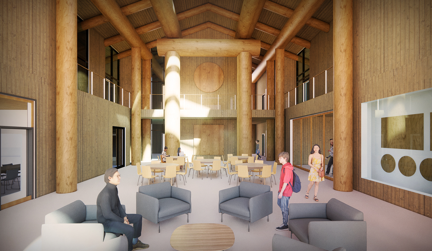 A digital rendering of the Wei Wai Kum Language and Culture Centre, showcasing the central intergenerational social space. Locally-sourced wood features prominently throughout the space. The central area features groupings of chairs and tables for gathering. On the right is a display case intended to feature Wei Wai Kum art and cultural treasures. The overall space is double-height, and the second floor overlooks it.