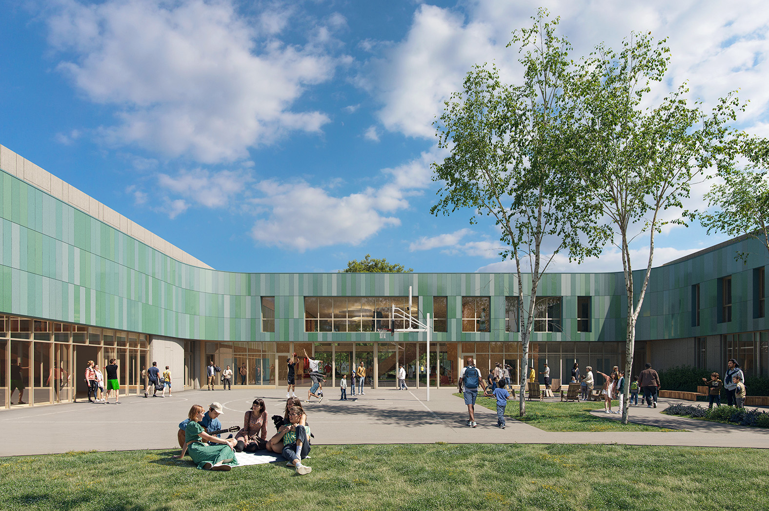 Rendering of the exterior courtyard with views through to the interior. Various people are pictured milling about, with one group sitting together on the grass.