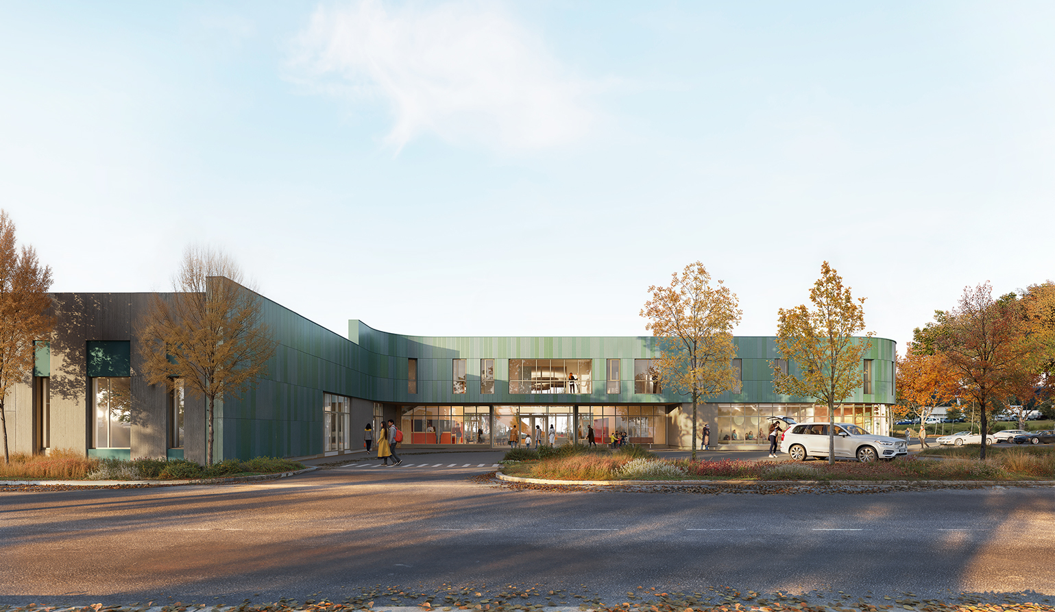 A digital rendering of the Denisiqi Services Society Child and Family Services New office, showcasing the exterior main entrance. The exterior cladding features soft blue to teal terracotta panels with large windows for natural light to the lobby and office spaces.