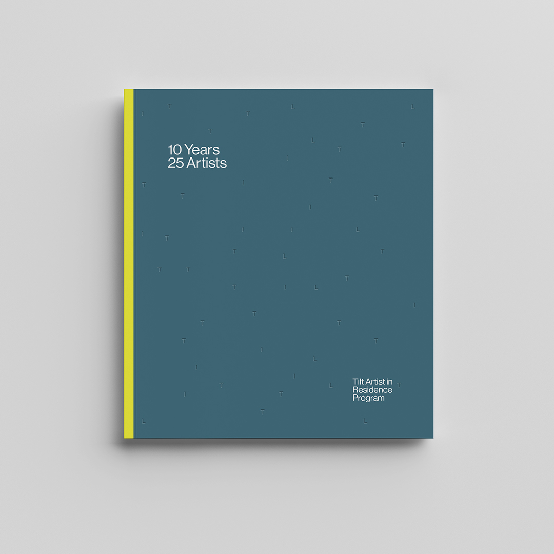 Mock-up of the cover of the 10 Years 25 Artists publication on a light grey background