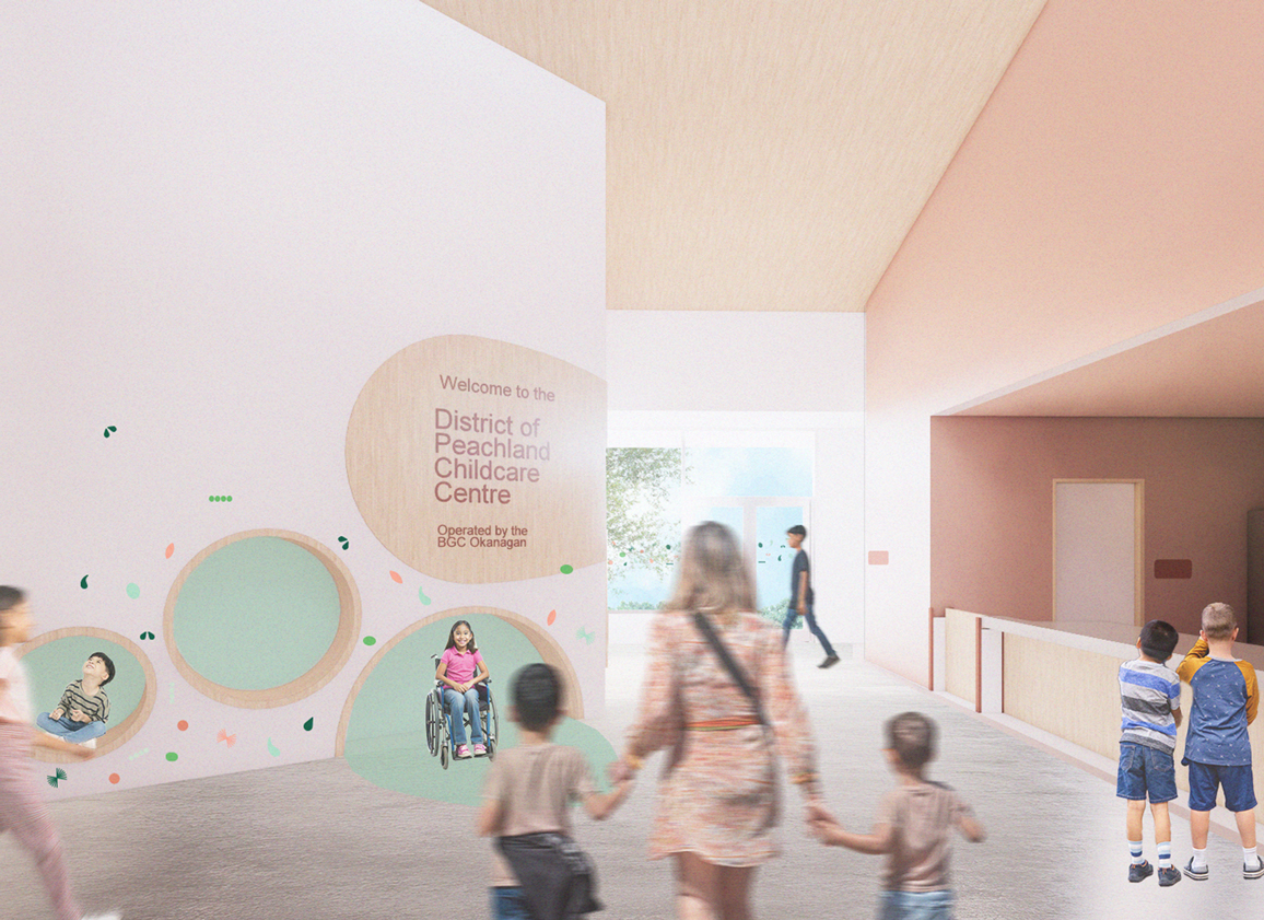 Interior rendering of the future childcare centre lobby. A blurred woman is pictured with a child on either side with other children moving about.